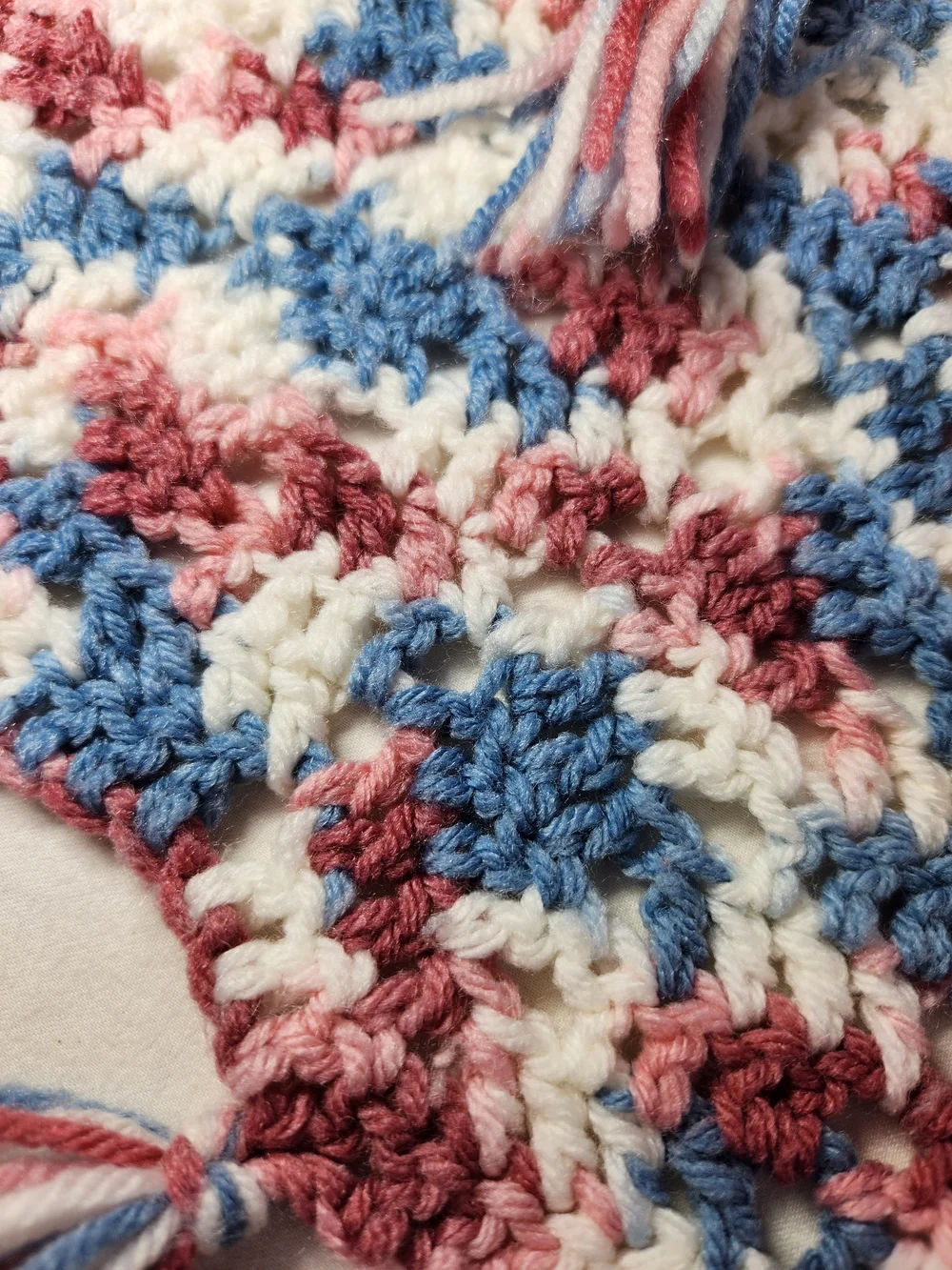 Handmade Crochet Throw Blanket Pink Blue White Fringe Granny 34x80  See Descript